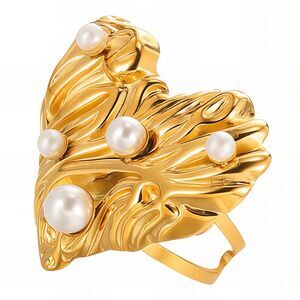 18K Gold Plated Women's Statement Heart Ring Faux Pearls Open Back Adjust Size